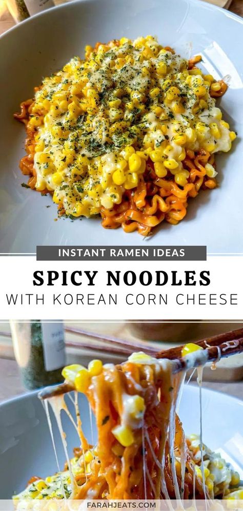 Top photo is of spicy noodles served in a white plate, with Korean corn cheese poured over the noodles. The bottom photo is of wooden chopsticks pulling a bit of the noodles and corn cheese above the plate. Korean Corn Cheese Recipe, Korean Corn Cheese, Noddle Recipes, Spicy Korean Food, Potato Waffle Recipe, Best Ramen Noodles, Ramen Noodle Recipes Easy, Ramen Dinner, Korean Corn