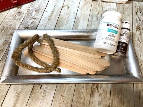 Dollar Tree Trays Diy, Dollar Store Trays Diy Projects, Dollar Tree Tray Crafts, Dollar Tree Tray Ideas, Farmhouse Tray Diy, Wood Plank Crafts, Farmhouse Crafts Diy, Diy Tray Makeover, Dollar Tree Farmhouse Decor Diy