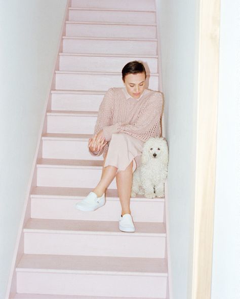 J.Crew X CVFF: Runner-up Ryan Roche  Meet the... | J.Crew White Wood Floors, Ryan Roche, Painted Stairs, Pink Walls, 인물 사진, House Inspiration, House Colors, Pretty In Pink, Read More