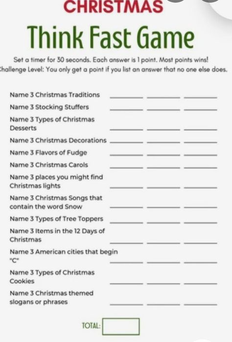 Think Fast Christmas Game Free Printable, Think Fast Christmas Game, Christmas Think Fast Game, Last Christmas Song, Free Christmas Games, Christmas Game, Christmas Names, Think Fast, Holiday Games