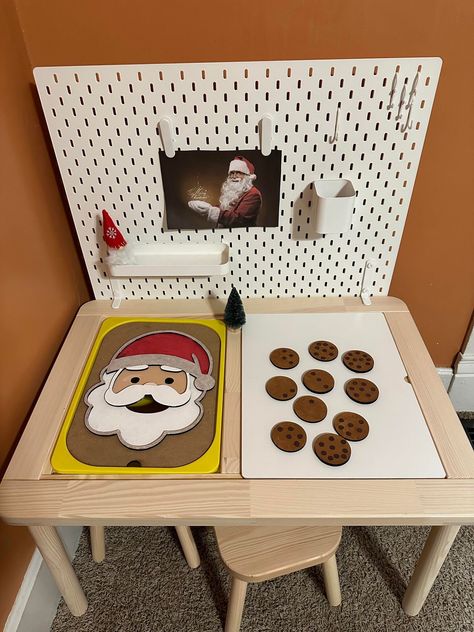 Cookies With Chips, Ikea Flisat Table, Kids Sensory Activities, Flisat Table, Toddler Sensory Bins, Ikea Flisat, Wood Santa, Number Game, Hand Eye Coordination