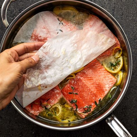 how-to-make-shallow-poached-salmon-with-leek-beurre-blanc-4-remove-from-oven-XL-RECIPE0421 Cooking Salmon Fillet, Poached Salmon, Fish Dinner, Cooking Salmon, Spring Recipes, Fried Fish, Fish Dishes, Seafood Dishes, What’s Going On