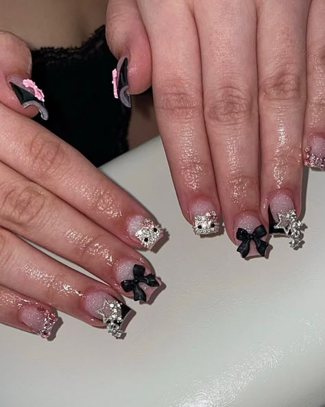 short junk nails 🎀🖤 DM to book 💕 #shortnails #hellokitty #junknails #frenchtipnails #cutenails #sanantonionails #sanantonionailtech Short Hello Kitty Nails With Charms, Gyaru Nails Short, Junk Nails Short, Hello Kitty Nails Short, Short Nails With Charms, Short Junk Nails, Short Nails Christmas, Junk Nails, Kitty Nails