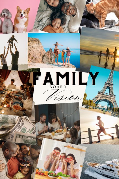 Creating a family vision board creates unity through shared goals. It also teaches your kids the goal-setting process, how to dream big, and how to put those dreams into action. Setting goals can remind you and your family about what matters. As you all share your visions, it paints a picture of your common hopes and values. Family Unity, Family Luxury, Child Vision Board, Vision Board Ideas For Family, Family Collage Ideas, Wealthy Family Aesthetic, Vision Board Kids, Family Vision Board Pictures, Vision Board Family