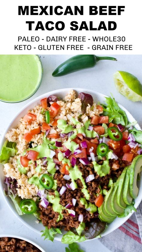 Beef Cauliflower Rice, Paleo Mexican Recipes, Beef Taco Salad Recipe, Ground Beef Cauliflower, Paleo Taco Salad, Tacos Salad, Beef Taco Salad, Beef Cauliflower, Paleo Mexican