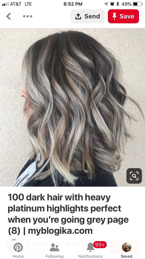 Grey Hair Dark Highlights, Platinum Grey Highlights On Dark Hair, Brown Blonde Grey Balayage, Blending Gray With Dark Hair, Camoflauge Gray Hair With Highlights, Brunette Hair With Thick Blonde Highlights, Dark Hair Hiding Grey, Hair Ideas For Greying Hair, Adding Grey Highlights To Dark Hair