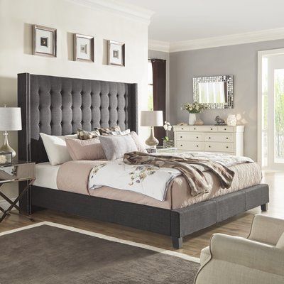 Rosdorf Park Luxullian Button Tufted Upholstered Wingback Headboard Color: Dark Gray, Size: King Large Headboard, Tufted Platform Bed, Low Profile Platform Bed, Cama King Size, Bed Platform, Cama King, Wingback Headboard, Upholstered Panel Bed, Upholstered Panels