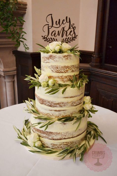 Semi naked wedding cake Wedding cake Olive branches  www.crumbscakery.co.uk Olive Branch Cake Decor, Wedding Cake Olive Green, Wedding Cake Olive Leaves, Wedding Cake Olive, Birch Wedding Cakes, Olive Decor, Semi Naked Wedding Cake, Succulent Wedding Cakes, Small Wedding Cakes