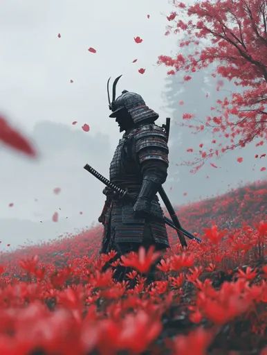 ↑↑↑ Larger size on website 🔸 A lone samurai, clad in traditional black armor, stands in a field of crimson flowers. A katana is s Red Flower Field, Samurai Traditional, Samurai Photography, Lone Samurai, Futuristic Samurai, Japanese Art Samurai, Warrior Concept Art, Black Armor, Samurai Wallpaper