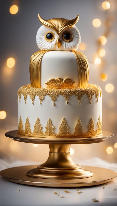 Amazing cake with white and gold owl - AI creation Beautiful Biscuits, Food Combos, Owl Cakes, Bizarre Foods, Birthday Cakes For Teens, Gold Owl, Cool Cake Designs, Children Party, Candy Recipes Homemade