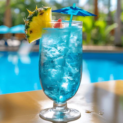 Ingredients: Vodka:30ml · White Rum:30ml · Blue Curaçao:15ml · Pineapple Juice:60ml · Cream of Coconut:30ml · Ice:As needed · Pineapple Wedge:1 Swimming Pool Cocktail, Blue Hawaii Cocktail, Bramble Cocktail, Harvey Wallbanger, Strong Cocktails, Light Cocktails, Hot Buttered Rum, Sweet Cocktails, Coconut Coffee