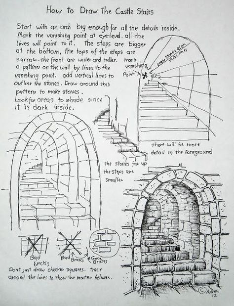 Doorway Drawing Sketch, Castle Art Reference, Landscape Drawing Practice, How To Draw Water Ripples, Brick Drawing Sketch, How To Draw Characters Step By Step, Doorway Drawing, Entrance Drawing, Perspective Animation