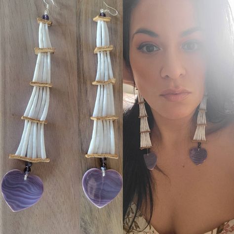 I am in love with these Shell on Shell Earrings. Both Wampum and Dentalium Shells are traditional Native American Elements. Shells were used instead of beads to enhance and decorate clothing and other materials. Wampum Shells round out bottom of this Tiered pair of Dentalium Shell sewn to leather Earrings. Please Note: Shells will differ in color and markings. Also this pair is for heart wampum. (See last pics for difference in the 2 earrings) Authentically Made By Potawatomi Native American Ama How To Make Dentalium Earrings, Dentillium Earrings, Dentalium Shell Earrings, Dentallium Earrings, Dentalium Necklace, Dentalium Earrings, Native American Beadwork Earrings, Native American Jewellery, Native Earrings