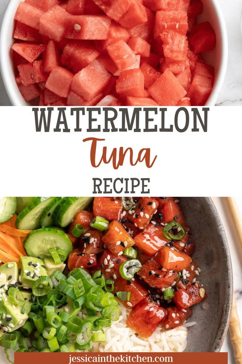 Watermelon Tuna Recipe is a great vegan recipe. You’ll be surprised how close this watermelon tuna comes to the taste of real tuna. Just like my vegan fish sticks and vegan fish tacos, it’s all about the seasonings you add—watermelon naturally looks like raw tuna, but to get it to taste like it too, we add nori for that fishy flavour. The rest of the marinade ingredients have the same flavours of the marinade used to prepare tuna for poke, which makes for a convincing plant-based tuna. Raw Tuna Recipes, Raw Tuna Recipe, Tuna Vegan, Vegan Fish Tacos, Vegan Grilling Recipes, Vegan Seafood, Raw Tuna, Tuna Recipe, Grilled Watermelon