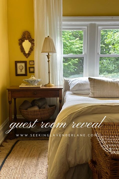 Yellow Cottage Guest Room Reveal Light Yellow Walls Bedroom Ideas, Farmhouse Yellow Bedroom, Bedroom Light Yellow Walls, Neutral Bedroom With Yellow Accent, Yellow Guest Bedroom, Pale Yellow Bedroom, Guest Bedroom Yellow, French Provence Interior, Pale Yellow Bedrooms