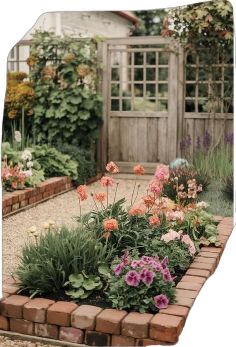 Brick Garden Bed Ideas, Raised Garden Bed Border Ideas, Brick In Garden Ideas, Flower Garden Diy Ideas, Bricks In Garden Ideas, Brick Garden Bed Edging, Garden Bed Design Ideas, Flower Garden In Backyard, Cottage Garden Structures