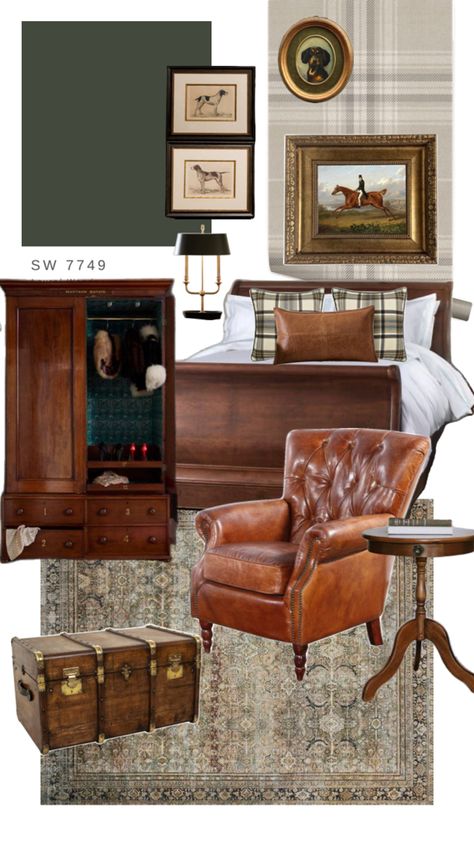 Ralph Lauren Hunting Lodge, Dark Academia Boys Bedroom, Polo Bedroom Ideas, Ralph Lauren Inspired Home Office, English Lodge Interior, English Gentlemens Club, Scottish Lodge Interior, Collegiate Interior Design, Ralph Lauren Master Bedrooms Decor