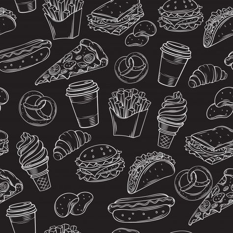 Fast food seamless pattern with | Premium Vector #Freepik #vector #background #pattern #food #vintage Fast Food Background, Food Black And White, Fast Food Nutrition, Black And White Food, Cat Pattern Wallpaper, Food Vintage, Background Food, Food Background, Food Vector