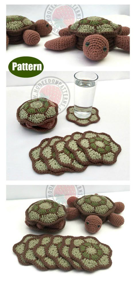 Turtle Coaster Sets Crochet Pattern #coolcreativitypattern #crochetcoasterpattern #crochetturtlepattern Granny Square Turtle Pattern, Turtle Granny Square, Turtle Coaster, Crochet Turtle Pattern, Crochet Succulent, Crochet Coasters Free Pattern, Easy Knitting Projects, Coaster Pattern, Crochet Coaster Pattern