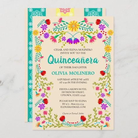 Mexican Folk Art Flowers, Quinceanera Reception, Champagne Quinceanera, Mexican Quinceanera, Quinceanera Pink, Folk Art Floral, Floral Birthday Invitations, Mandala Floral, Sweet Sixteen Invitations