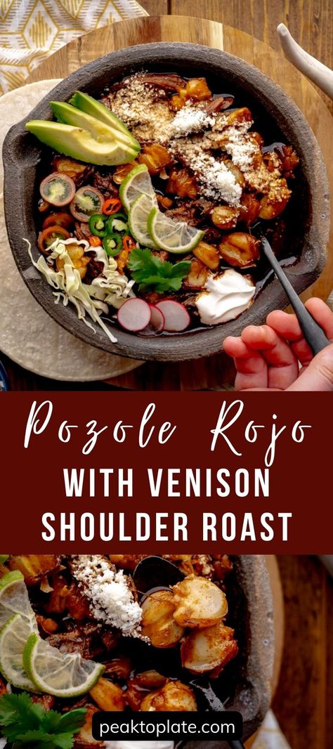 This pozole is a classic slow-cooked Mexican soup with deep, rich flavor from a variety of chiles and bone-in venison shoulder roast. Venison Shoulder Recipes, Venison Shoulder Roast, Roast Instant Pot, Ground Venison Recipes, Blade Roast, Canned Hominy, Venison Steak, Shoulder Roast, Mexican Soup