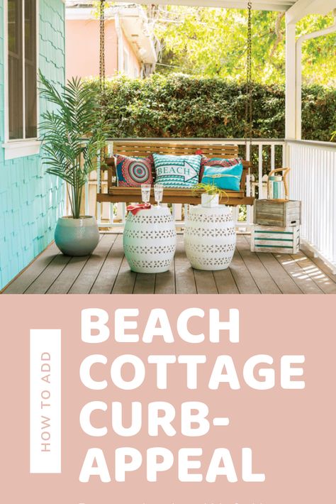 Beach Front Porch Ideas, Small Beach Bungalow, Coastal Front Porch Ideas, Beach Cottage Style Exterior, Beach House Front Porch, Cottage Curb Appeal, Coastal Cottage Exterior, Cottage Exterior Colors, Beach House Porch