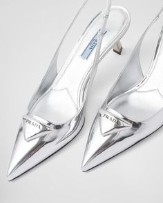 Prada Brushed Leather Slingback Pumps, Prada Silver Heels, Silver Slingback Heels, Silver Pumps Outfit, Prada Shoes Outfit, Prada Slingback Pumps, Prada High Heels, Silver Footwear, Sliver Heels