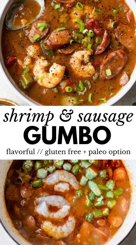 This Shrimp and Sausage Gumbo is an aromatic and meaty one-pot stew with a rich roux-based sauce. Serve it over rice and enjoy the deep, rustic flavors of Cajun cuisine without having to travel to Louisiana! Cajun Meals, Gumbo Recipe Easy, Shrimp And Sausage Gumbo, Seafood Gumbo Recipe, Gumbo Recipe Sausage, Shrimp Gumbo, Shrimp And Sausage, Sausage Jambalaya, Gumbo Soup