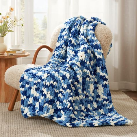 PRICES MAY VARY. 100% Chenille Handmade Chunky Knit: The throw blanket is meticulously handcrafted, with every detail carefully crafted. Hand-tied reinforced knots ensure that it will not unravel or come apart after machine washing.The intricate hand-knitting technique guarantees a long-lasting blanket that will stand the test of time. Non-shedding & No pilling: Unlike other throws, this chunky knitted blanket is designed with high-quality chenille that prevent shedding. You can enjoy its embrac Blue Chunky Blanket, Chunky Knit Christmas Blanket, Chunky Yarn Blanket, Knot Blanket, Modern Crochet Blanket, Yarn Blanket, Cozy Texture, Blue Throw Blanket, Crochet Stitches For Blankets