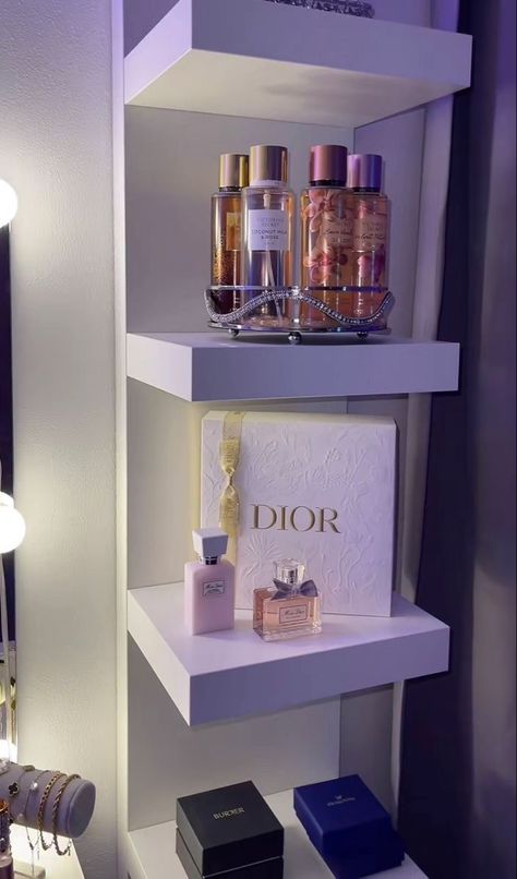 Luxury Girls Bedroom, Dior Room, Victoria Secret Bedroom, Girly Perfume, Aesthetic Cozy Room, Perfume Decor, Secret Bedroom, Vanity Shelf, Desk Organisation