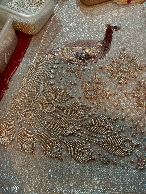 Types Of Hand Embroidery Work, Zardosi Embroidery Suits, Dabka Work Embroidery, Sequence Embroidery Design, Moti Work, Zardosi Embroidery, Gold Work Embroidery, Hand Work Design, Hand Beaded Embroidery