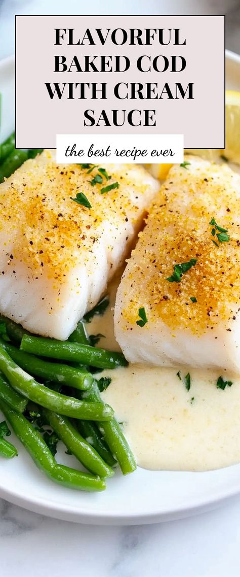 Image for Flavorful Baked Cod with Cream Sauce Cod And Pasta Recipes, Cod Loin Recipes, Scampi Sauce, Baked Cod Recipes, Cream Sauce Recipes, Baked Cod, Cod Recipes, Best Food Ever, Baked Fish