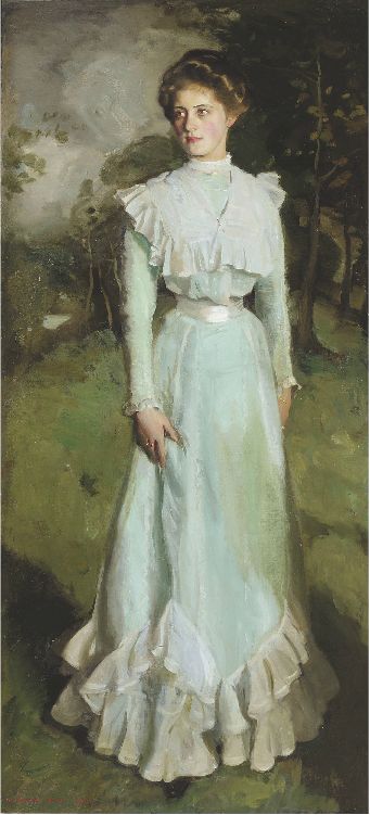 Portrait of Miss Isabella Nairn. 1901 Harrington Mann (Scottish. 1864-1937) Harrington Mann Paintings, 1900's Fashion, Painted Ladies, Scottish Art, Oil Painting Reproductions, Edwardian Era, Edwardian Fashion, Painting Reproductions, Fashion Portrait