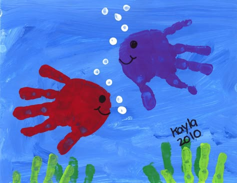 hand print fish Fish Handprint, Hand Print Art, Thick Paint, Under The Water, Finger Paint, Toddler Arts And Crafts, Footprint Art, Ocean Crafts, Handprint Crafts