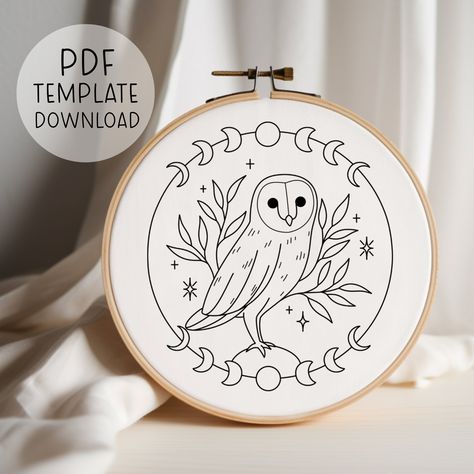 Celestial Owl Embroidery Pattern, Dreamy Cottagecore Owl Needlepoint Pattern, Moon Phases Embroidery Download Forest Animals Embroidery Embroidery Patterns Drawing, Owl Embroidery Pattern, Forest Embroidery, Redwork Embroidery Patterns, Animal Embroidery Patterns, Owl Embroidery, Moon Pattern, Embroidery Download, Types Of Stitches