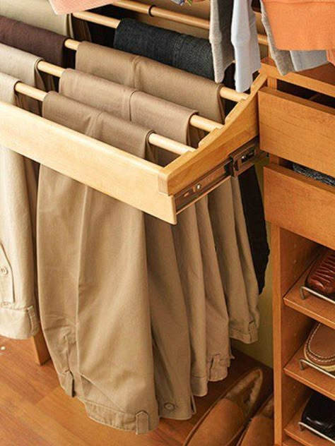 Pants organizer...love it! Now if I can figure out how to MAKE one, instead of buying one.... :) Trouser Rack, Closet Organizer With Drawers, Organized Closet, Walking Closet, Closet Drawers, Dream Closets, Master Closet, Drawer Organizers, Closet Space