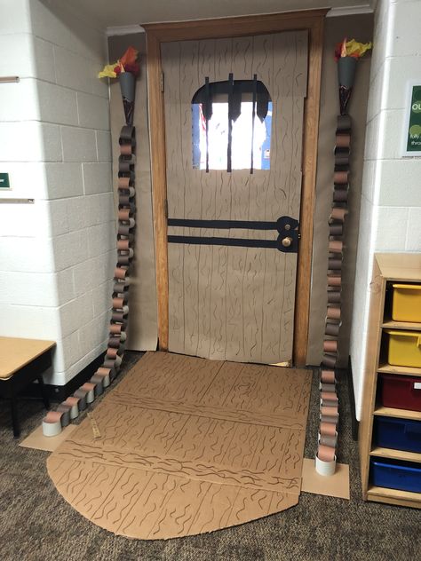 Drawbridge classroom door. Fairy tales castle. Mid Evil Classroom, Castle Classroom Door Decorating Ideas, Fairytale Classroom Transformation, Castle Door Decorations Classroom, Castle Classroom Door, Castle Theme Classroom, Cardboard Door, Fairytale Classroom, Medieval Vbs