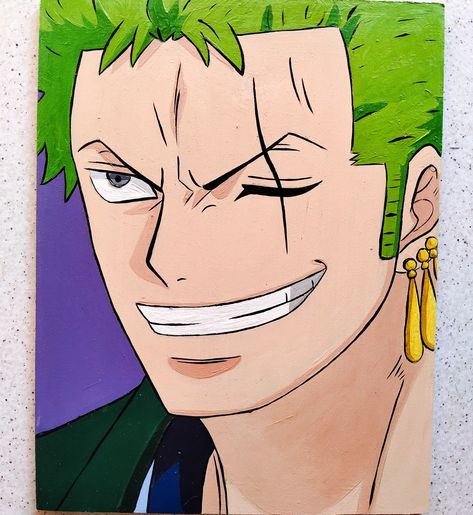 Zoro Painting Easy, Zoro Painting Ideas, Zoro Canvas Painting, Zoro One Piece Painting, One Piece Glass Painting, One Piece Canvas Painting, Zoro Painting, Luffy Painting, One Piece Painting