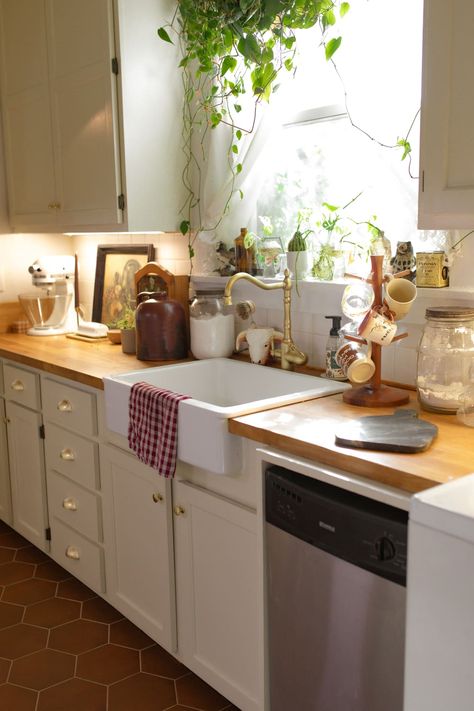 white kitchen with wood countertops, farmhouse sink, and hanging plants Siloam Springs Arkansas, Bright White Kitchen, Cozy Cottage Kitchen, Wood Countertops Kitchen, Butcher Block Wood, Microwave In Kitchen, Cottage Kitchens, All White Kitchen, Kitchen Paint Colors