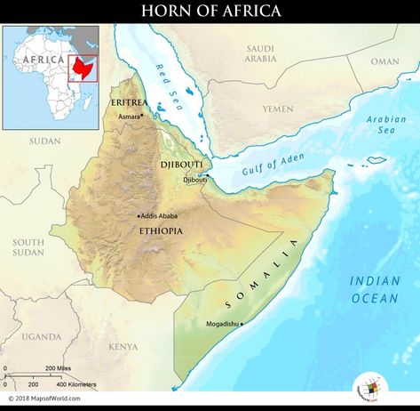 The Horn of Africa, is a peninsula in the East African region, that protrudes from the eastern edge of the continent of Africa. It lies South of the Gulf of Aden and Southwest to the Red Sea. It juts into the Arabian Sea for hundreds of miles and then into the Indian Ocean. Check website for more. Ethiopian Highlands, List Of African Countries, History Of Ethiopia, Country Facts, Horn Of Africa, India Map, Arabian Sea, The Red Sea, Knowledge Facts