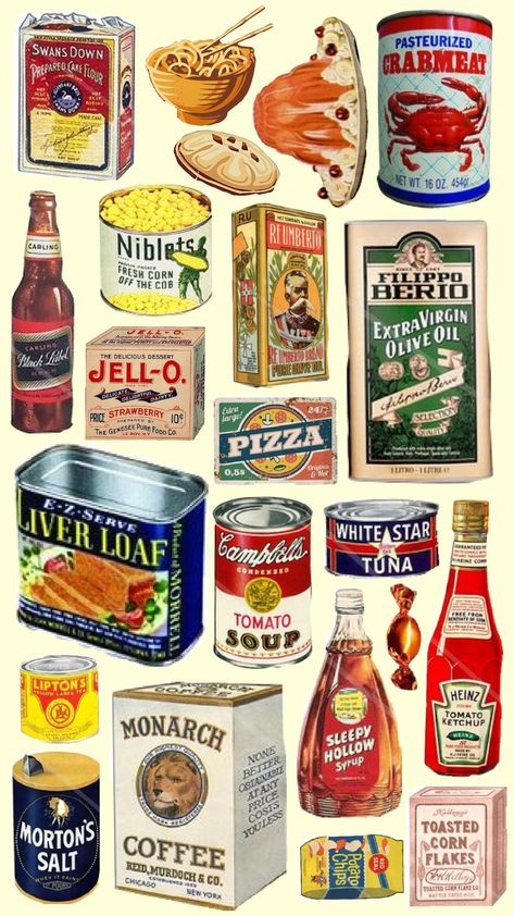 vintage food graphics #vintage #food #graphics #aesthetic #retro #can Retro Food Posters Vintage Ads, Food Posters Vintage, Vintage Grocery Store Aesthetic, Vintage Food Packaging Design, Retro Food Ads, Food Packaging Aesthetic, Vintage Food Packaging, Vintage Food Ads, Design Supermarket