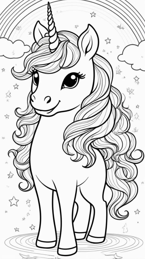 This delightful unicorn coloring page is perfect for kids! A simple black-and-white outline of a cute unicorn standing under a rainbow. Ideal for hours of coloring fun. 🦄 Unicorn Coloring Book, Unicorn Free Printable Coloring Pages, Coloring Pages Disney Characters, Coloring For Kids Free Printables, Unicorn Images Free Printable, Rainbow Colouring Pages, Cute Colouring In Pages, Unicorn Drawing For Kids, Coloring Pages For Girls Kids