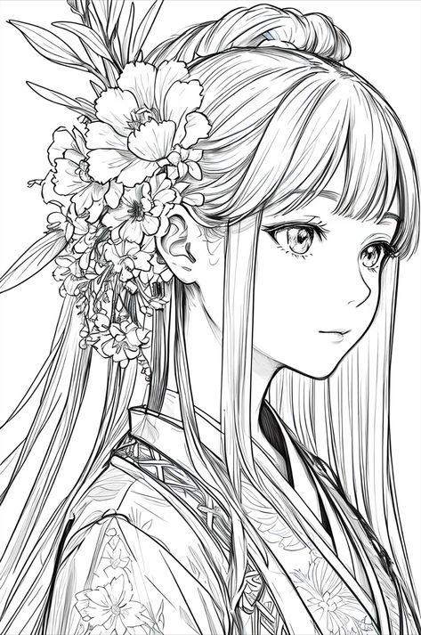 masterpiece, acura, 1girl, solo, hanfu, long hair, profile close-up, flower line drawing background, white background, monochrome, line drawing, ((sketch)) Anime Line Drawing, Line Drawing Background, Demon Slayer Ocs, Manga Coloring Book, Whimsical Art Journal, Flower Line Drawings, Farm Animal Coloring Pages, Detailed Coloring Pages, Princess Coloring Pages