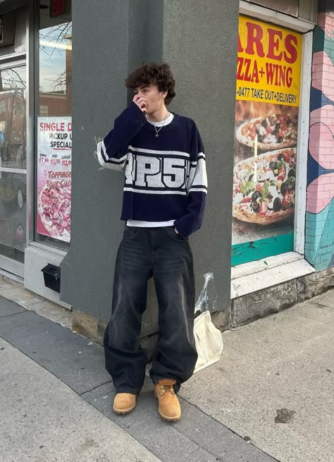 Timbs Outfit Men Baggy, Baggy Fits Aesthetic Men, Y2k Skater Outfits Men, Y2k Thrifted Outfits Men, Men’s Baggy Fashion, 2024 Outfits Men, Sweater Streetwear Outfits, Fit Pic Ideas Men, Men's Street Wear Aesthetic