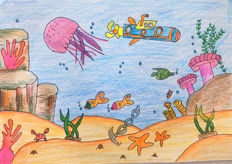 Contains Fishes 🐟🐟🐠🐠🐡🐡and plants🌱🪴☘🍀submarines moving Under Water World Drawing For Kids, Underwater Drawing Easy, Sea World Drawing, Under Sea Drawing, Under Water Drawing, Under The Sea Drawing, Under The Sea Drawings, World Drawing, Art Competition Ideas