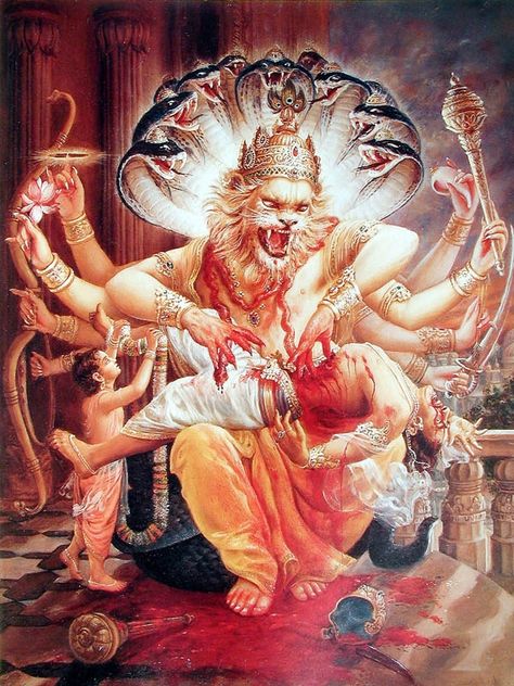 Narasimha Avatar, Satya Yuga, Lord Narasimha, Half Moon Tattoo, Diwali Drawing, Bhagavata Purana, Venomous Snakes, The Mahabharata, Srila Prabhupada