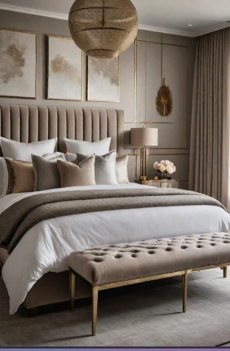 Neutral Bedroom Gold Accents, Bedroom Ideas Cream Walls, Luxe Bedroom Classy, Classy Small Bedroom, 2024 Bedroom Decor Trends, Modern Cozy Bedroom Neutral, Luxe Bedroom Design, Elegant Traditional Bedroom, Classy Bedroom Ideas