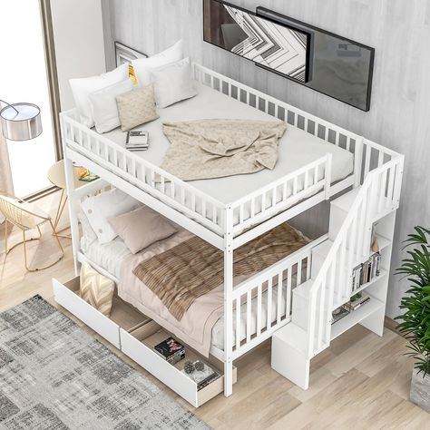 This full over full bunk bed can accommodate 4 people at the same time, making full use of space. Founder's shape does not waste any space. In addition, the added drawers and storage can accommodate many items. Stairway Bunk Beds, Space Saving Bunk Bed, Convertible Bunk Beds, Full Size Bunk Beds, Wood Bunk Bed, Solid Wood Bunk Beds, Shelves Wood, Bed Frame With Drawers, Bunk Beds With Drawers