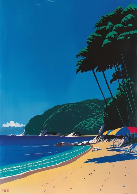 Midjourney AI Image: summer beach by hiroshi nagai, simple composition --ar 5:7 --v 6.0 → more in ai-img-gen.com Phone Simple Wallpaper, Hiroshi Nagai Wallpaper Iphone, Hiroshi Nagai Art, Hiroshi Nagai, Simple Composition, Pop Art Background, Japan Summer, Bright Blue Sky, City Pop