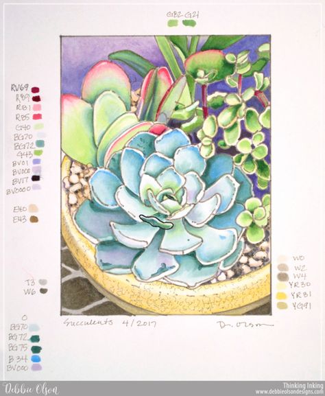 Copic_Succulents-4_Deb-Olson Succulent Drawing, Copic Color Chart, Succulents Drawing, Poppy Cards, Copic Marker Art, Spectrum Noir Markers, Succulent Art, Watercolor Cactus, Copic Coloring